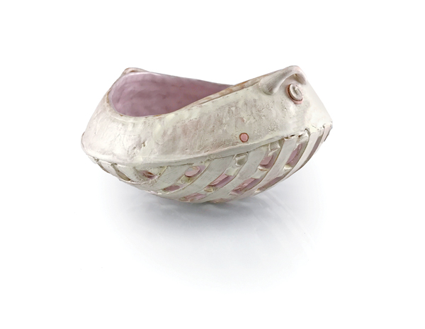 1 Berry Bowlin’, 8 in. (20 cm) in length, stoneware, handbuilt using slabs and pinch techniques, terra sigillatas, AMACO underglazes, slips, washes, glazes, fired to cone 5, 2017.