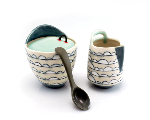 1 Milk+Sugar, to 4¼ in. (13 cm) in height, thrown and altered porcelain, mishima inlay slip, colored casting slip, fired to cone 7 in oxidation, 2017.