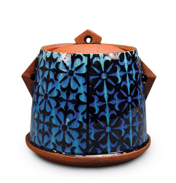 2 Lidded jar, 8 in. (20 cm) in diameter, wheel-thrown terra cotta, slip, underglaze, glaze, fired to cone 04, 2017.