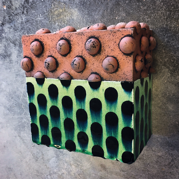 1 Vestige #4, 12 in. (30 cm) in height, handbuilt terra cotta, slip, underglaze, glaze, fired to cone 04, 2017.