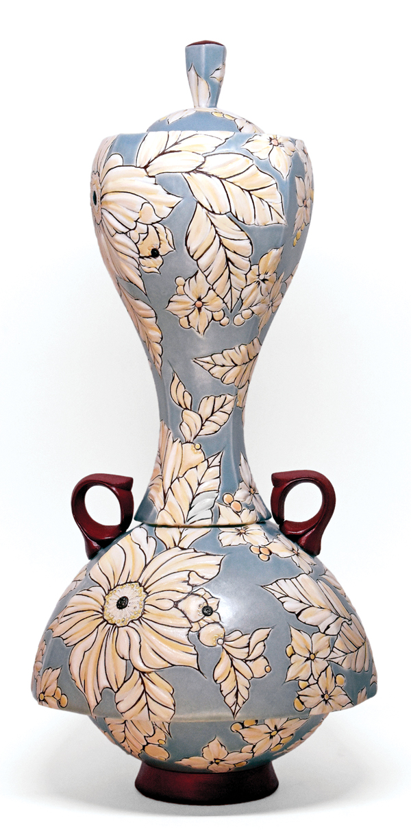 1 Lidded bottle, 18 in. (46 cm) in height, wheel-thrown, handbuilt, press-molded red stoneware, colored slips, terra sigillata, fired to cone 6 in oxidation, 2018. 