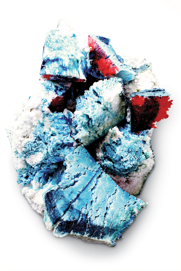 2 Bergschrund Ablation, 22 in. (56 cm) in height, handbuilt raw pulverized porcelain, glaze, oxides, slip, fired to cone 6 in oxidation in silica/plaster molds, 2018. 