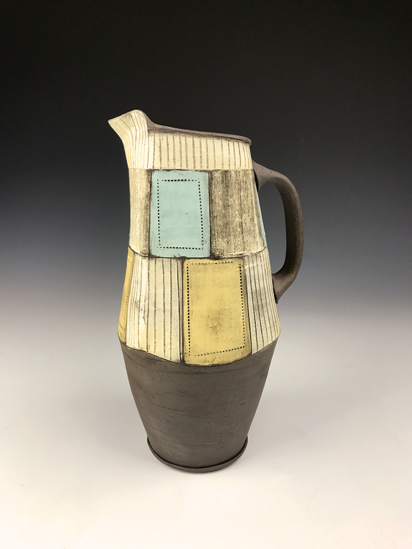 1 Pitcher, 10½ in. (27 cm) in height, press-molded, wheel-thrown, and handbuilt brown stoneware, colored terra sigillata, underglaze, glaze, fired to cone 6, 2018.