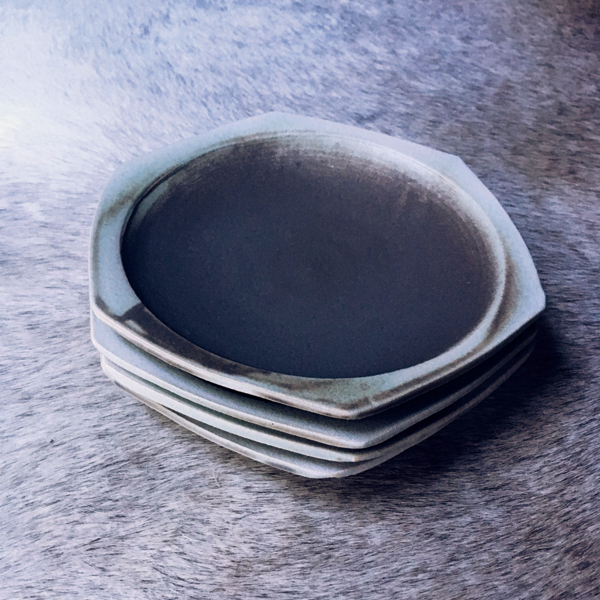 7 Honeycomb plate, 6¼ in. (16 cm) in diameter, stoneware, blue-gray glaze, fired in an electric kiln, 2015.