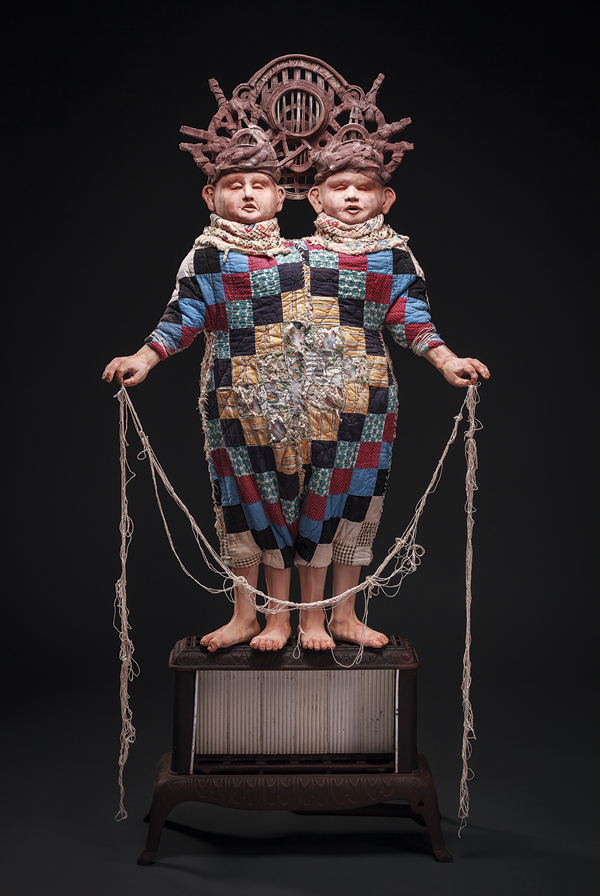 1 Folleree and Folleroo, 5 ft. 8 in. (1.8 m) in height, earthenware, underglaze, fabric, found objects, string, 2017. Photos: Robert Batey.