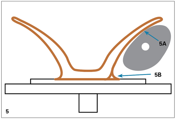 5 Use a rounded rib (5A) to clean slurry from the exterior, then true and firm the lip of the rim. Trim the fillet of clay (5B) from the foot and leave a slight undercut for wiring off.