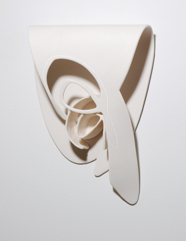 1 Vestigial Remnants, 34 in. (86 cm) in height, handbuilt porcelain, wall vinyl, fired to cone 6, 2017.