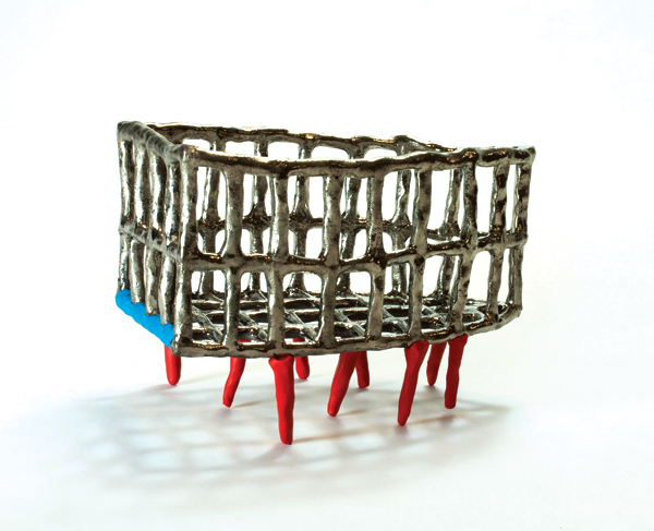 2 Triangle basket with feet, 8 in. (20 cm) in height, handbuilt, mid-range clay, luster, polymer clay, 2018.