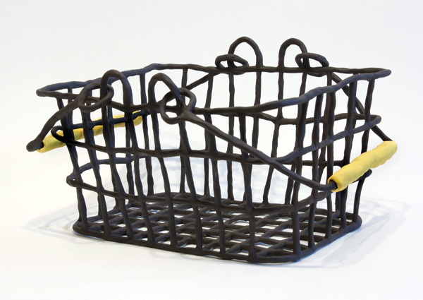 1 Basket with yellow handles, 8 in. (20 cm) in diameter, handbuilt mid-range ceramic, polymer clay, 2017.