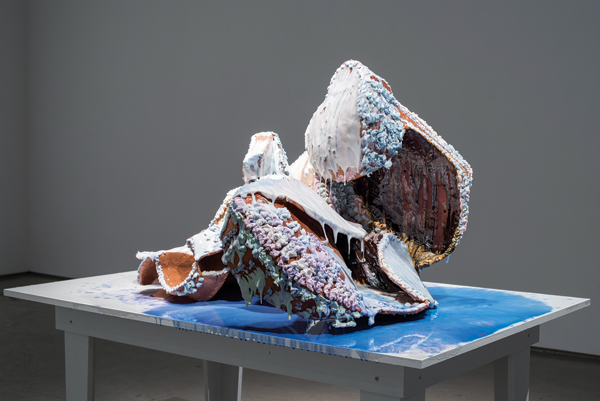 2 Cross-Continental (con)Fusing: The Space Between Series #1, 4 ft. 2 in. (1.3 m) in length, terra cotta, Pyrometric Cone Glaze (see page 72), cone 04 glaze, multiple firings, resin, 2017.