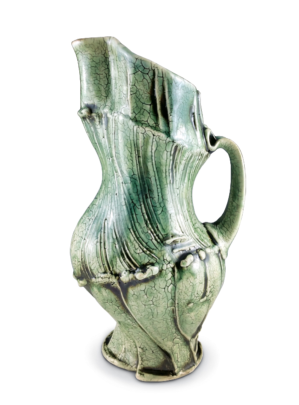 Pregger Pitcher, 12½ in. (32 cm) in height, wheel-thrown and altered stoneware, slips, ash glazes, fired four times to cone 6, 2018.