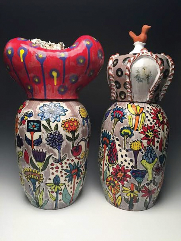 13 Arthur Halvorsen’s King and Queen, to 27 in. (69 cm) in height, handbuilt earthenware, fired in oxidation to cone 02, 2017. 