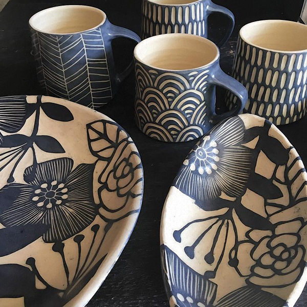 Mugs and service ware, stoneware, fired to cone 6.