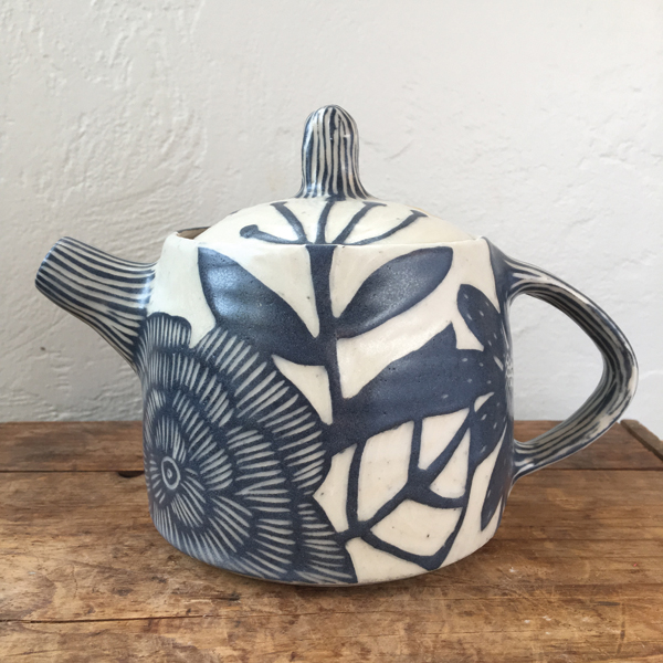 Teapot, stoneware, blue slip, fired to cone 6, 2018.