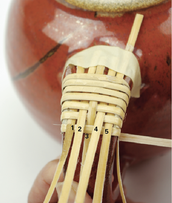 4 Third row: Weave under #5 and #4, over #3, under #2 and #1. Pass wrapping strand under handle.
