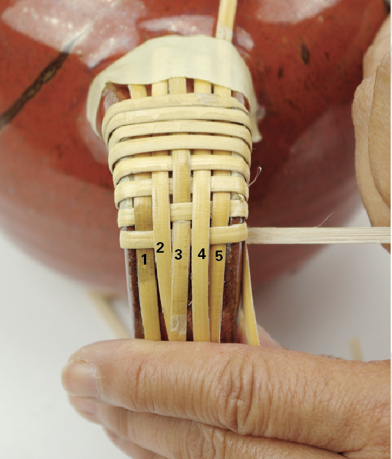 5 Fourth row: Weave over #5, under #4, #3 and #2, over #1. Pass wrapping strand under handle.