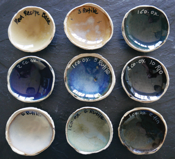 Adding coloring oxides to the base glaze. The base consists of 25% red clay; 15% feldspar; 15% whiting; 15% Johnson Matthey frit 169 (can be substituted with Ferro frit 3134); and 15% EPK kaolin.