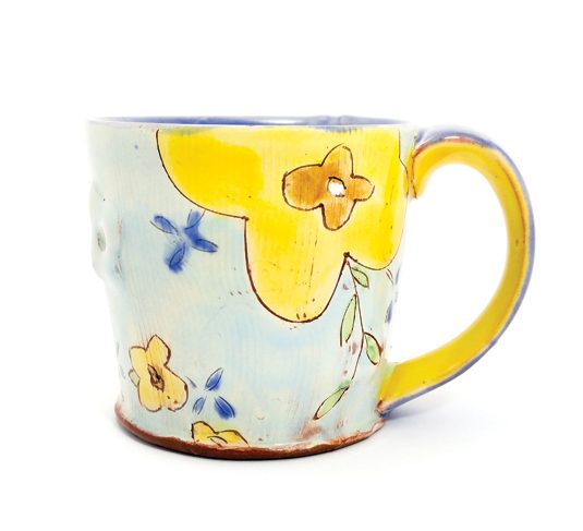 5 Kaitlyn Brennan’s puffy blue floral mug, 5 in. (13 cm) in width, wheel-thrown and altered red earthenware, slip, underglaze, clear glaze, fired to 1915°F (1046°C), 2018.