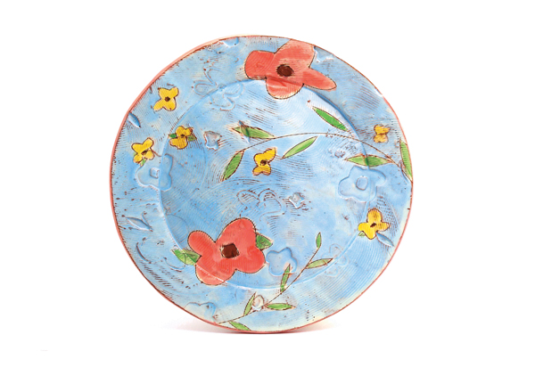 16 Blue floral plate, 10½ in. (27 cm) in diameter, earthenware, fired to cone 04, 2018.