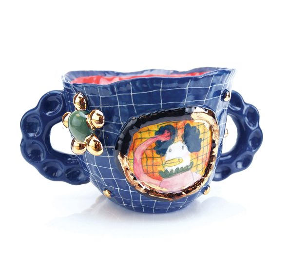 11b Chanakarn Semachai’s Navy Submarine double-handled mug, 6 in. (15 cm) in width, stoneware, underglaze, underglaze pencil, glaze, fired to cone 6 in oxidation, luster, 2017.