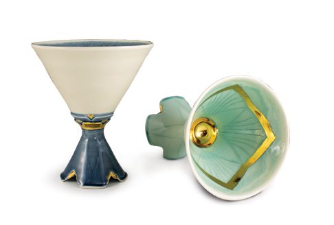 18a Jess Palmer’s Martini Sippers, wheel-thrown and incised clay, fired to cone 6 in an electric kiln, 22k-gold luster, 2018.