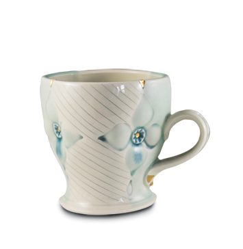 18b Jess Palmer’s Petal Pillow Mug, wheel-thrown, stamped and sprigged with mishima linework, 22k gold luster, fired to cone 6, 2018.