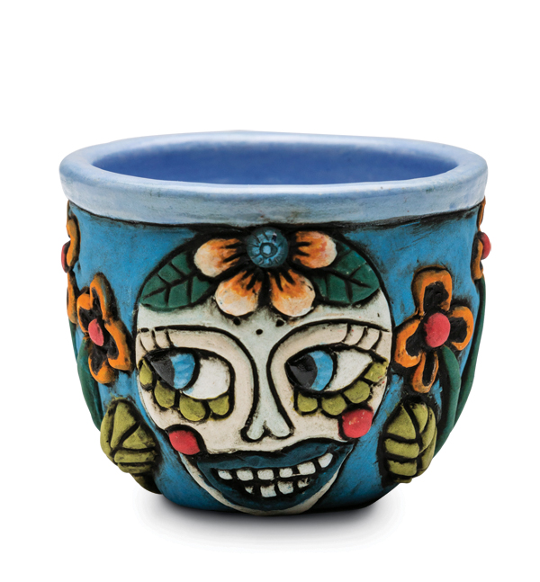 4 Julie Woodrow’s Skull Shot, 2½ in. (6 cm) in height, wheel-thrown and carved stoneware, underglaze, stain, 2018.