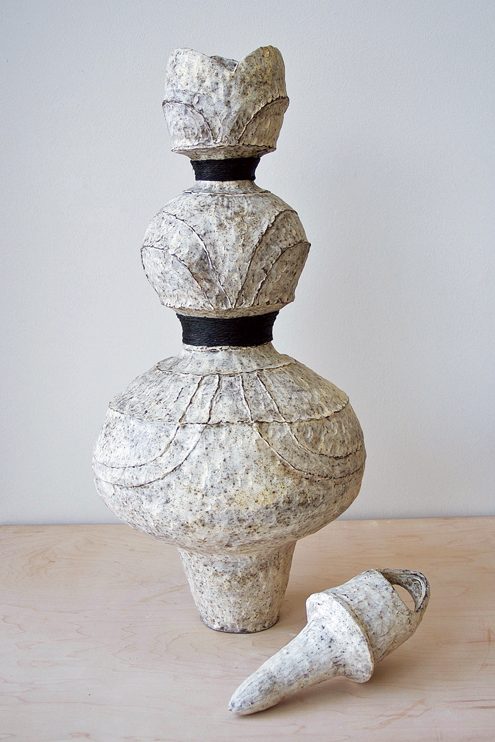 7 Fat Bottomed Girl, 36 in. (91 cm) in height, Laguna B-3 Brown cone 5 clay, terra sigillata, slips, washes, fired to cone 4 in oxidation, waxed wool yarn, 2017.