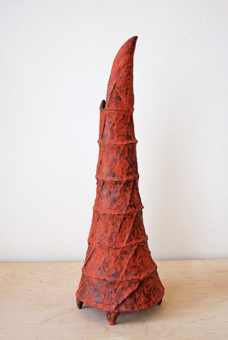 1 Footed pouring vessel, 16 in. (41 cm) in height, terra sigillata, washes, slips, fired to cone 4 in oxidation, 2017.