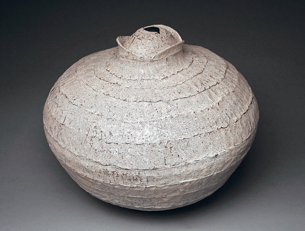 3 Wasp Nest Storage Vessel, 23 in. (58 cm) in width, terra sigillata, washes, slips, fired to cone 4 in oxidation, 2015.