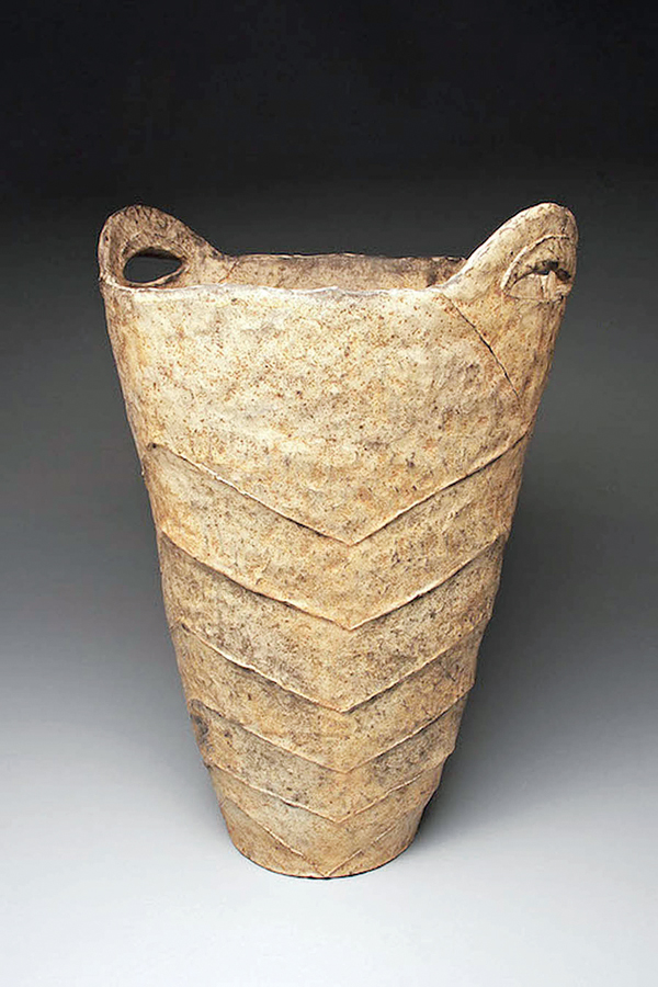 5 Sandstone basket, 36 in. (91 cm) in height, Laguna B-3 Brown cone 5 clay, terra sigillata, washes, slips, fired to cone 4 in oxidation, 2016.