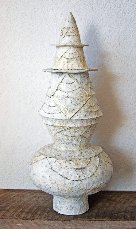 4 White storage jar, 35 in. (89 cm) in height, Laguna B-3 Brown cone 5 clay, terra sigillata, washes, slips, fired to cone 4 in oxidation, 2017.
