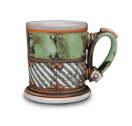 9 Mike Cinelli’s Green Space Mug, 4½ in. (11 cm) in height, earthenware, terra sigillata, underglaze transfers, glaze, fired to cone 04 in an electric kiln.