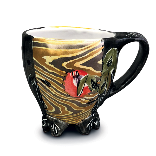20 Posey Bacopoulos’ swirly footed cup, 5 in. (13 cm) in diameter, wheel thrown, altered, gold and silver decals.
