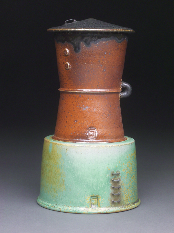1 Lidded cup and saucer, 7 in. (18 cm) in height, soda-fired stoneware, 2013.