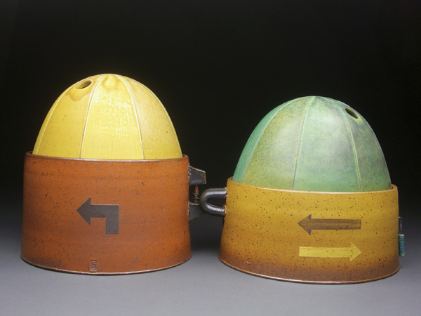 6 Two lidded jars with baskets, 18 in. (46 cm) in width, soda-fired stoneware, 2013.