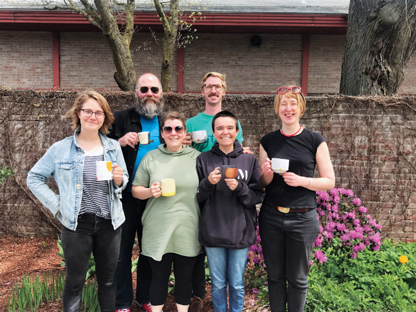3 Yankee swap at Worcester Pottery Invitational, 2018. Left to right: Katie Fee, Adam Hinterlang, Kyla Toomey, Craig Hartenberger, Renata Cassiano, and Chloe Marr-Fuller. Swap participants not pictured: Salvador Jimenez-Flores and Zach Shaw.