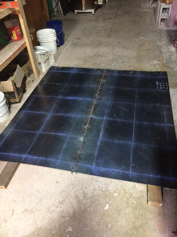 4 Plate shown upside down with grid pattern laid out for bolt holes to attach Pyro-Blocs. NPG used 3⁄8-inch diameter stainless-steel bolts, nuts, and flat washers.