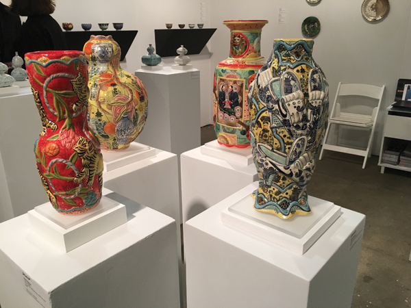 2 Vases by Mariko Paterson, to approximately 16 in. (40 cm) in height, cone-6 porcelain, glaze, china paint, luster. Both pieces shown while on view at Studio 21’s booth at the 2017 SOFA Chicago Expo.