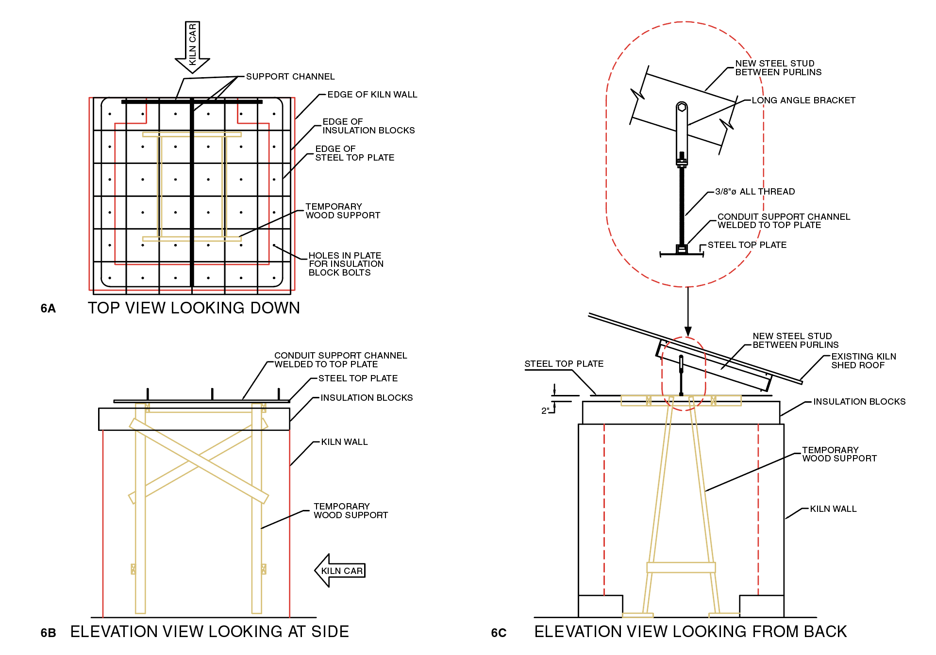 Plans for the flat-top kiln renovation to fiber insulation blocks. 6A View of the top of the kiln showing the grid for the holes and bolts used to mount the block, supports, and overall size of various elements. 6B Side view of the kiln showing wooden support used during construction, insulating fiber blocks, and the supports welded to the steel top plate. 6C View of the back of the kiln showing support system tied into the existing kiln-shed roof.