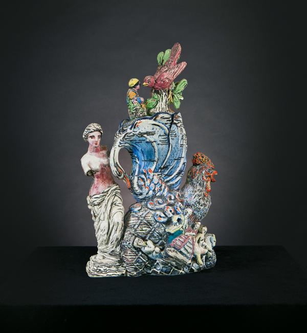 4 Viola Frey’s Venus and the Rooster, 14 in. (36 cm) in height, earthenware, glaze, china paint, 1976. Courtesy of the Gloria and Sonny Kamm Collection. 