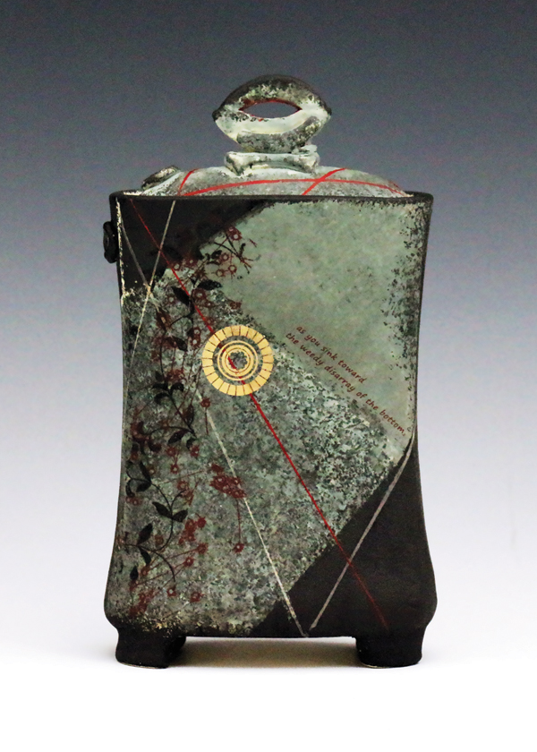 2 Kanika Sircar’s Opheliad 1, 7½ in. (19 cm) in height, thrown, altered, and handbuilt porcelain, slips, underglazes, underglaze tissue transfers, glaze, laser and overglaze decals, fired to cone 6 in oxidation, 2018. 