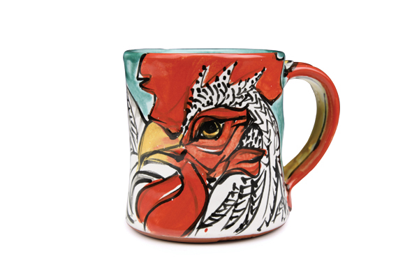 1 Karin Kraemer’s Rooster Mug, 5 in. (13 cm) in width, earthenware, majolica.