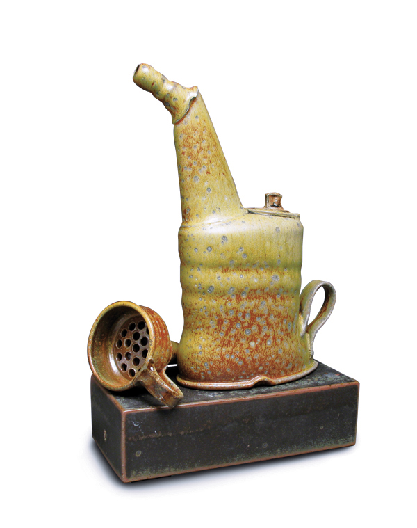1 Robert Long’s oil can teapot and funnel, salt-fired stoneware, fired to cone 10, 2018.