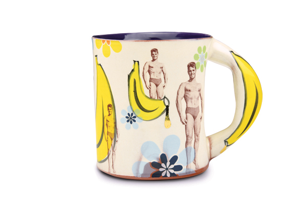 3 Wesley Harvey’s mug, 5 in. (13 cm) in width, earthenware, terra sigillata, underglaze, glaze, commercial decals, luster.