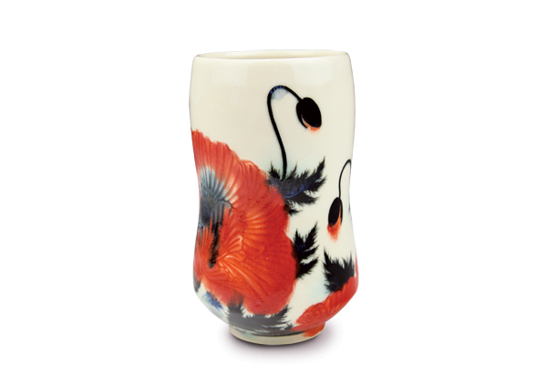2 Yoko Sekino-Bové’s Red Poppy Tumbler, 6 in. (15 cm) in height, porcelain, sgraffito, glaze painting. 