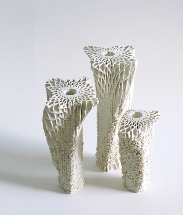 3D-printed ceramic forms, 12½ in. (32 cm) in height, porcelain, fired to 2246°F (1230°C).