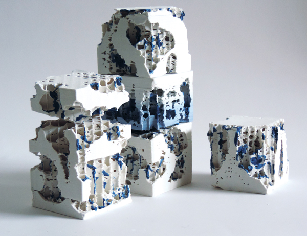 2 Middle East series, to 12½ in. (32 cm) in height, 3D-printed, hand-sculpted porcelain, colored clay, blue engobe, fired to 2246°F (1230°C).