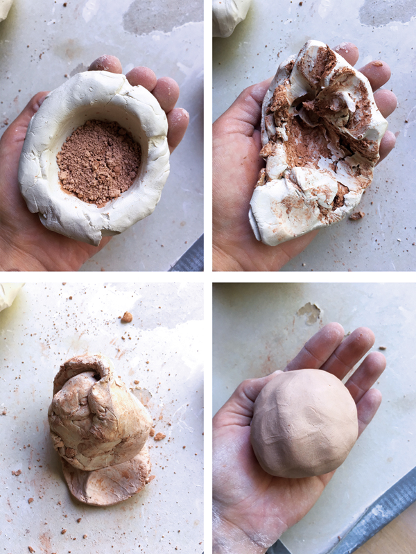 5 Hand wedge Mason stains into the porcelain with a small amount of water.