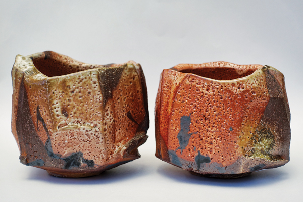7 Two faceted shino teabowls, 4¾ in. (12 cm) in width, wood-fired stoneware, fired to cone 10, 2017.